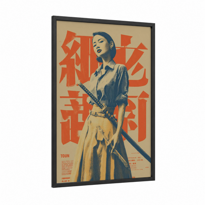 Samurai Woman Poster framed vintage japanese ads print — black wood frame — orange and blue and white palette
