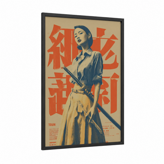 Samurai Woman Poster framed vintage japanese ads print — black wood frame — orange and blue and white palette