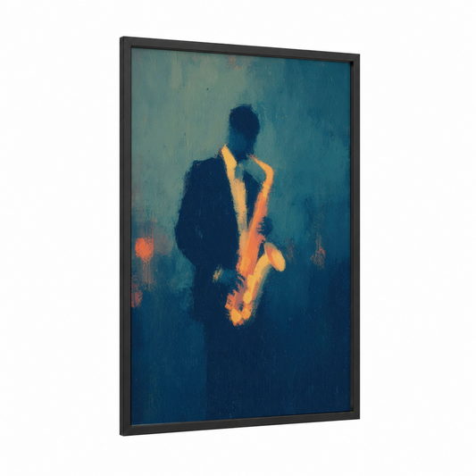 Silhouette Saxophonist framed musician print — black wood frame — teal and gold palette