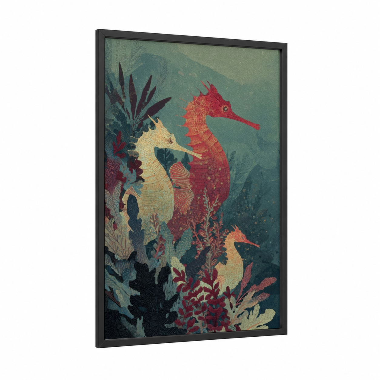 Crimson Seahorse Trio framed sea horse print — black wood frame — gold and maroon palette