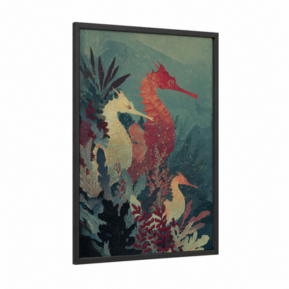 Crimson Seahorse Trio framed sea horse print — black wood frame — gold and maroon palette