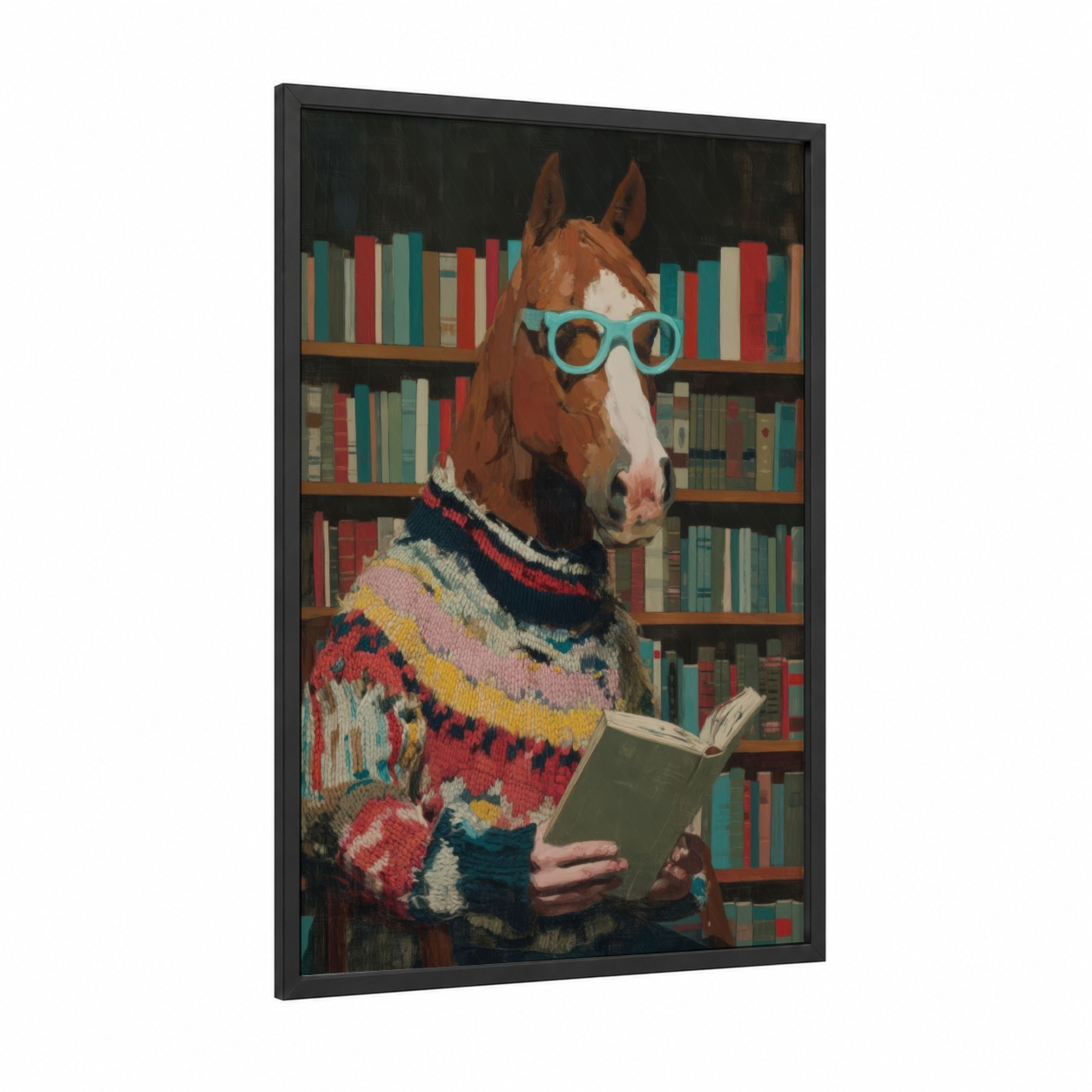Bookish Quarter Horse framed art print — black wood frame — red and teal palette