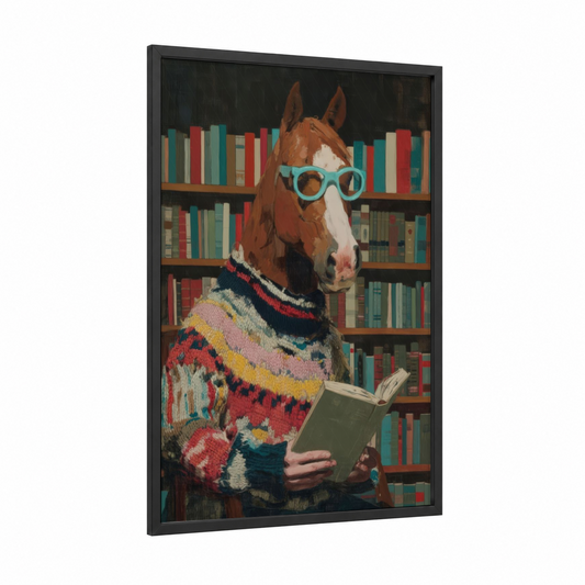 Bookish Quarter Horse framed art print — black wood frame — red and teal palette