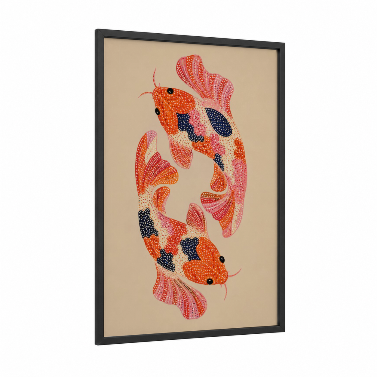 Dotted Koi Fish Pair Wall Art framed art print — black wood frame — orange and pink palette