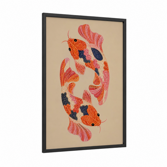 Dotted Koi Fish Pair Wall Art framed art print — black wood frame — orange and pink palette