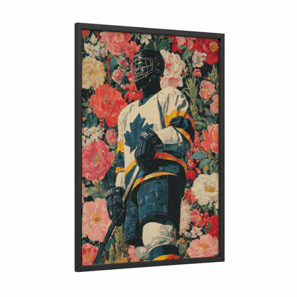 Floral Hockey Elegance framed ice hockey print — black wood frame — red and gold palette