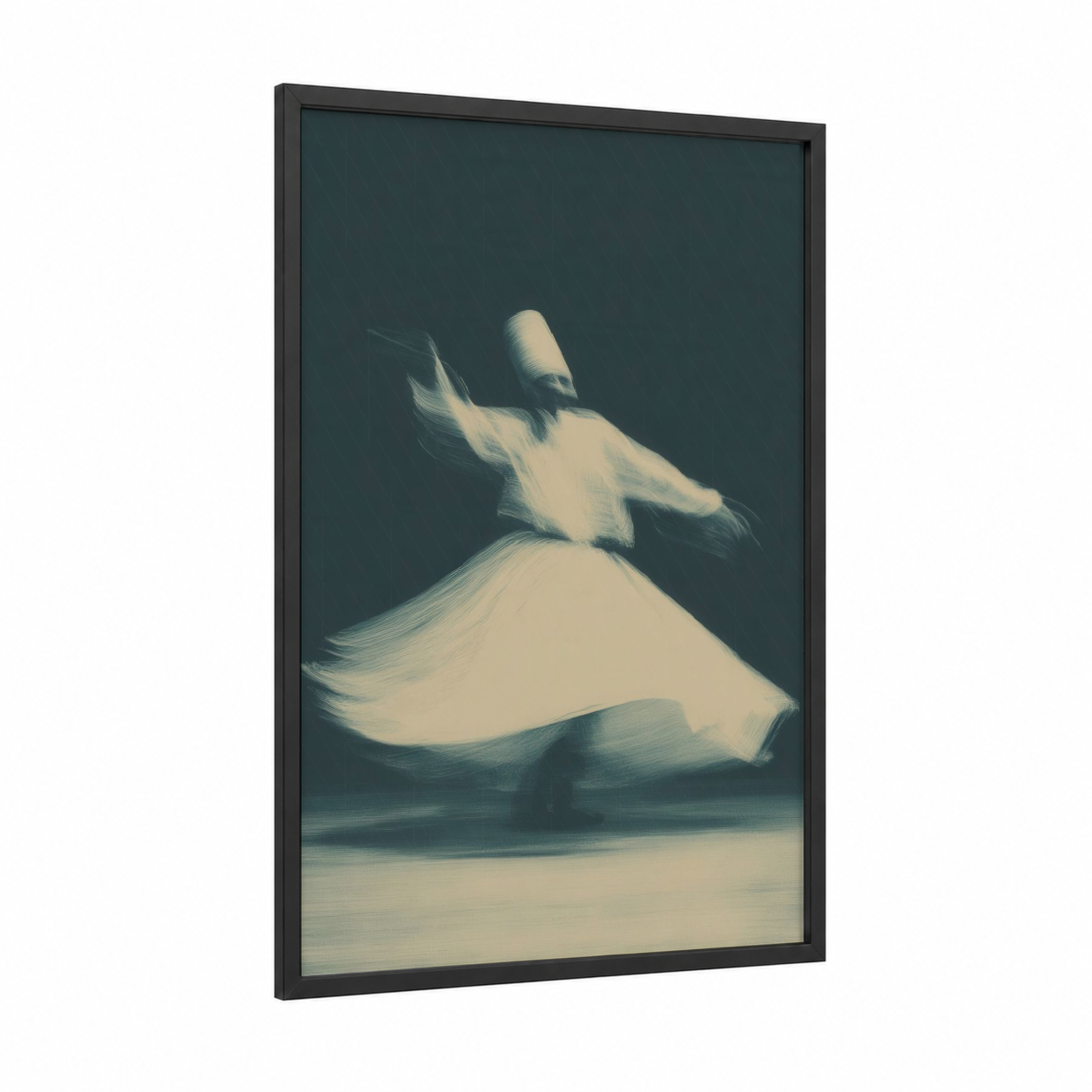 Whirling Dervish framed islam print — black wood frame — cream and dove gray palette