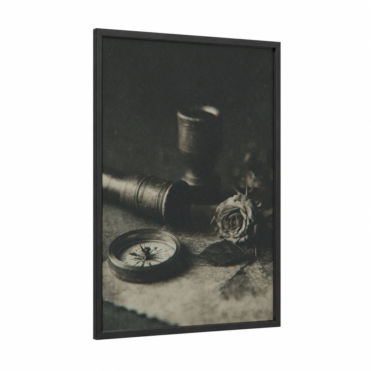Vintage Spyglass framed art print — black wood frame — black and white and champagne gold palette