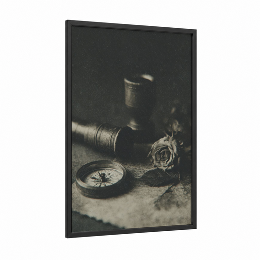 Vintage Spyglass framed art print — black wood frame — black and white and champagne gold palette