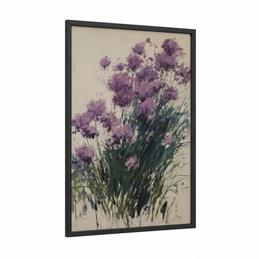 Purple Herb Garden framed herbs print — black wood frame — purple and cream palette