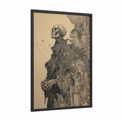 Skeletal Ascension framed zombie print — black wood frame — black and white and cream palette