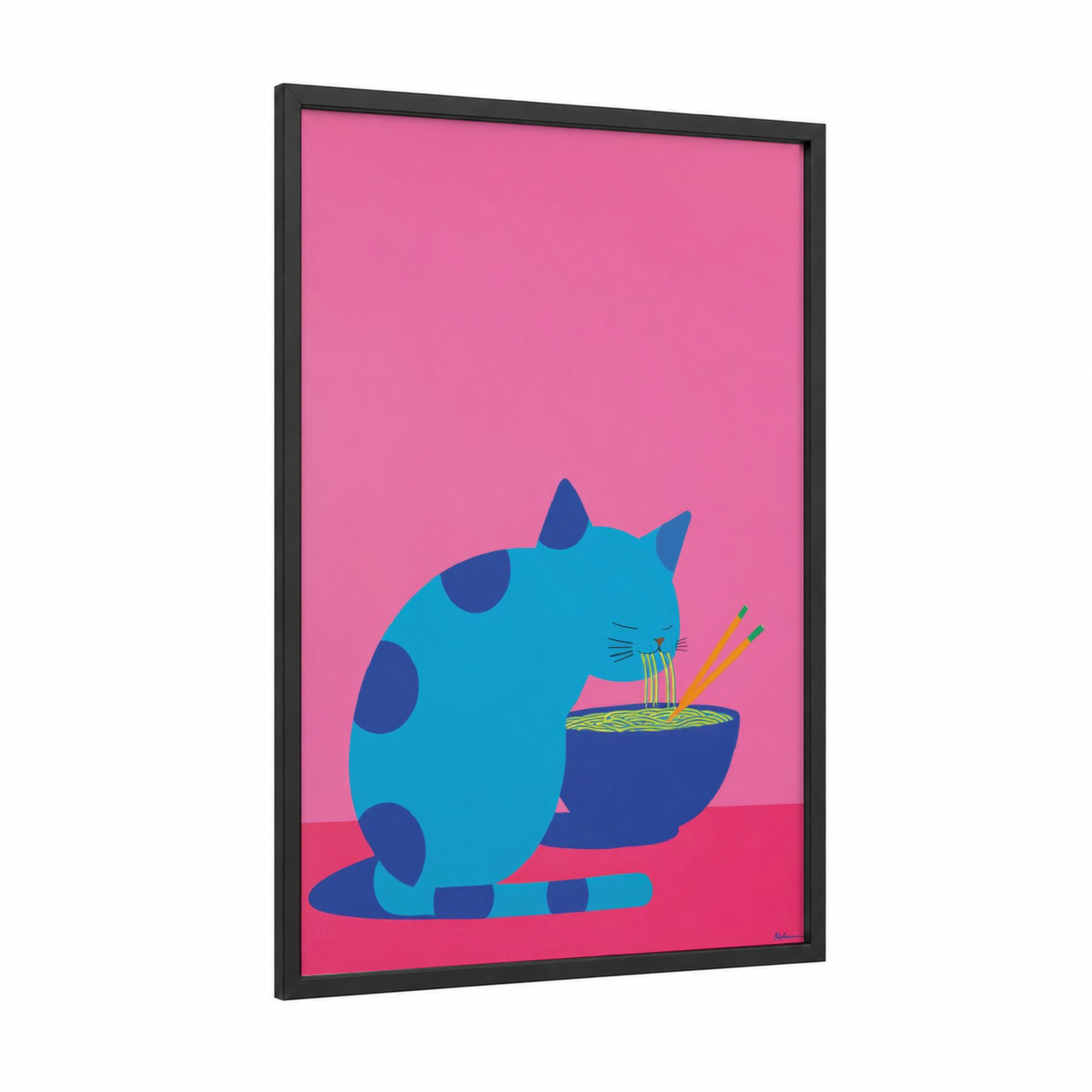Noodle Cat framed art print — black wood frame — blue and pink palette