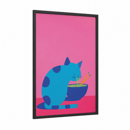 Noodle Cat framed art print — black wood frame — blue and pink palette