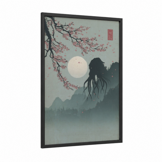 Moonlit Cthulhu framed art print — black wood frame — blue and white and salmon pink palette