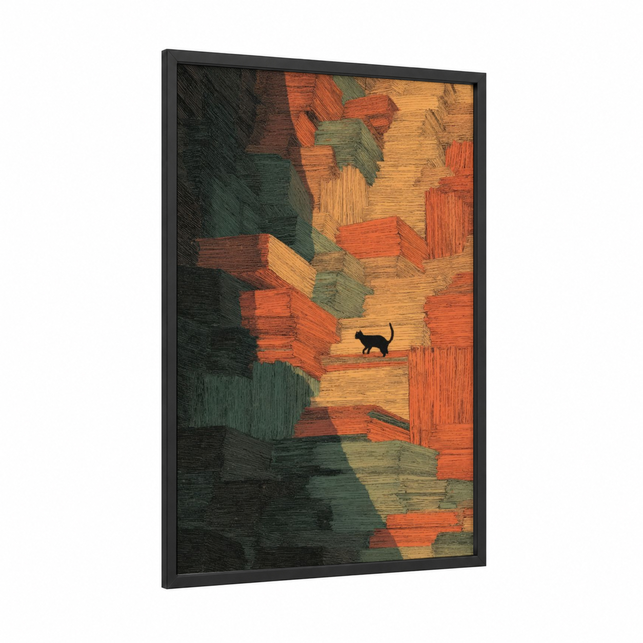 Solitary Cat Labyrinth framed art print — black wood frame — sage green palette