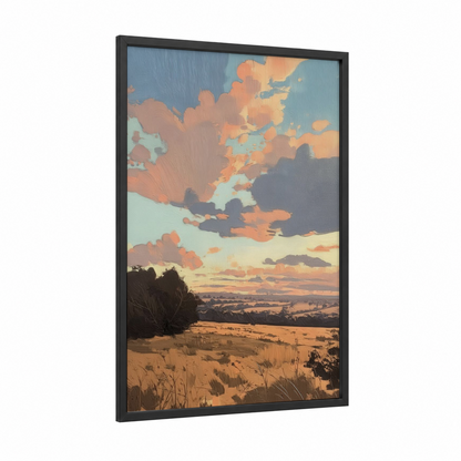Golden Hour Panorama framed various landscapes print — black wood frame — gold and peach palette