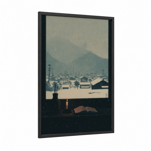 Winter Reading Moment framed art print — black wood frame — cream and dove gray palette