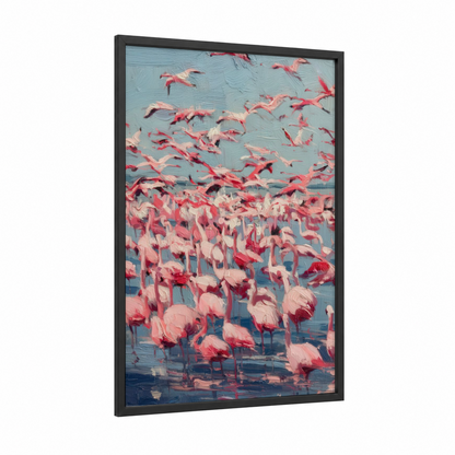 Flamingo Flight framed art print — black wood frame — salmon pink and blue palette