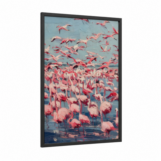 Flamingo Flight framed art print — black wood frame — salmon pink and blue palette