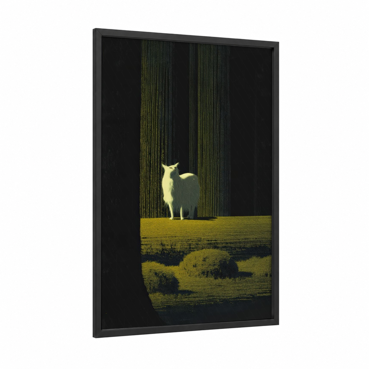 Golden Cat Contemplation framed art print — black wood frame — gold and black palette