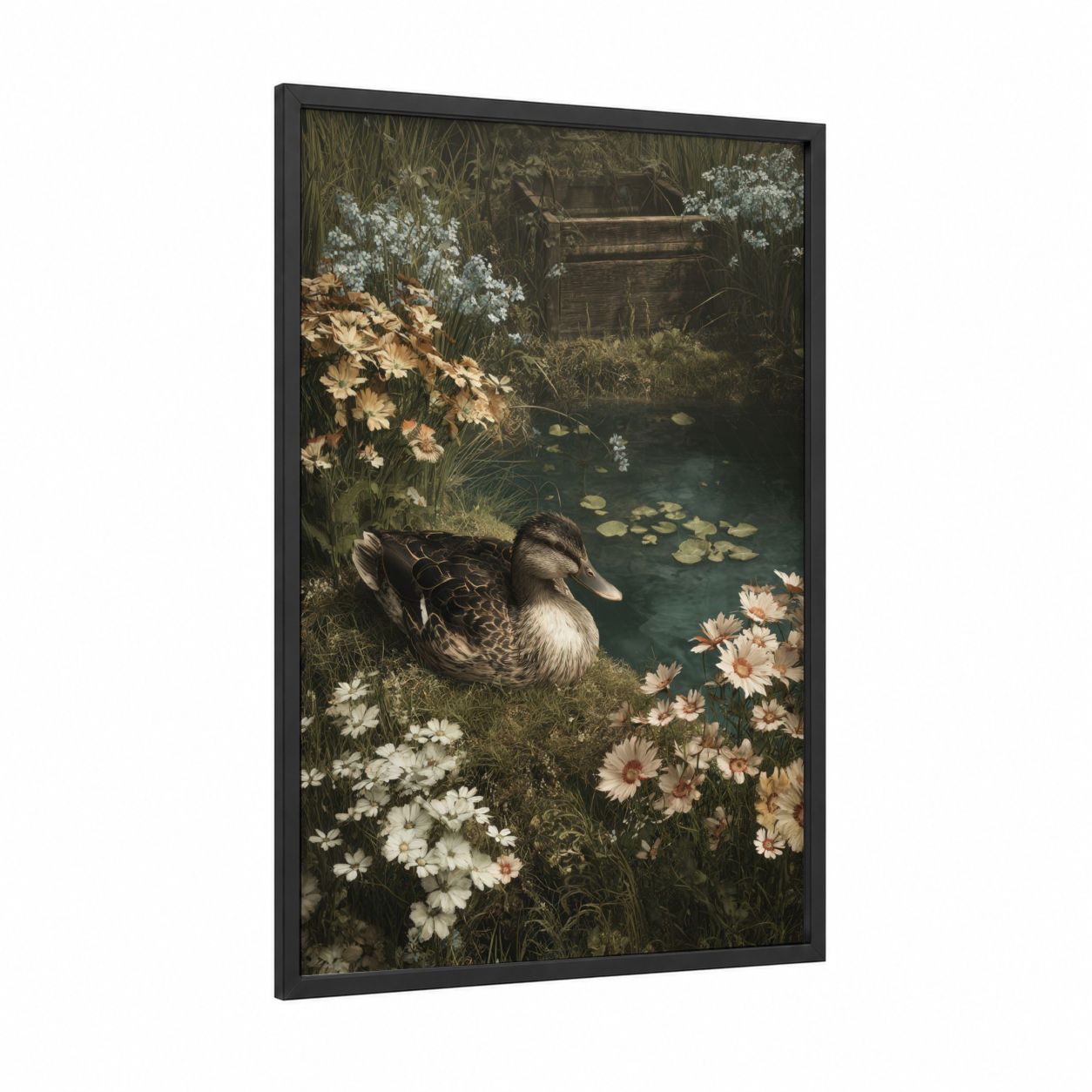 Pastoral Duck Sanctuary framed ducks print — black wood frame — cream and sage green palette