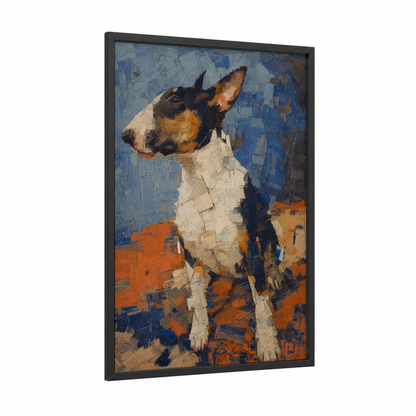 Upright Terrier framed art print — black wood frame — blue and orange palette