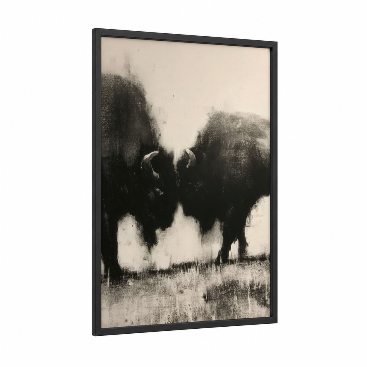 Misty Bison Pair framed art print — black wood frame — black and white and gray palette