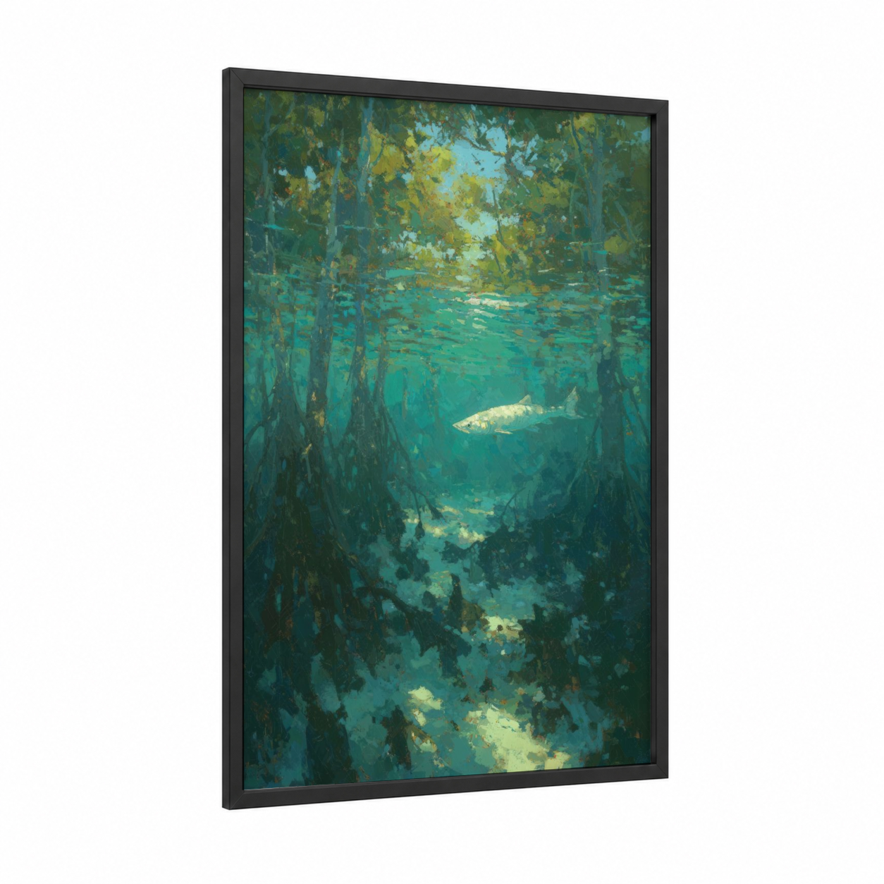 Mangrove Tarpon framed art print — black wood frame — teal and gold palette