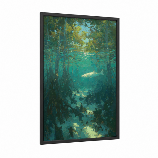 Mangrove Tarpon framed art print — black wood frame — teal and gold palette