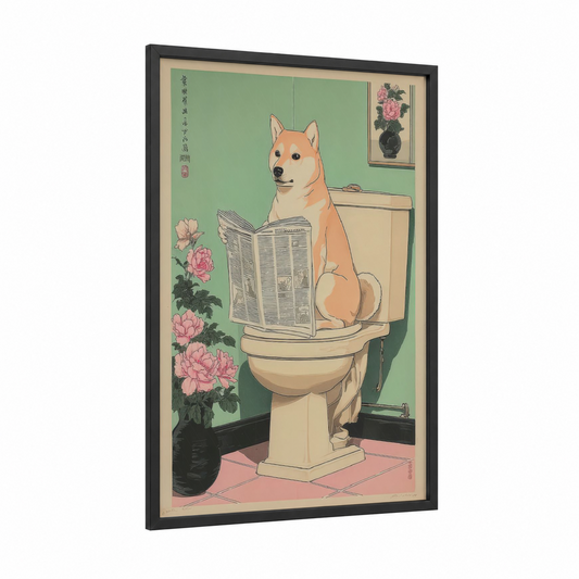 Reading Shiba Inu framed vintage japanese ads print — black wood frame — light green and salmon pink palette