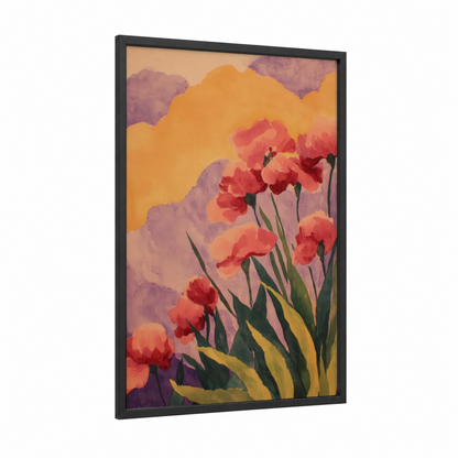 Crimson Poppies Dawn framed lavender field print — black wood frame — gold and red palette
