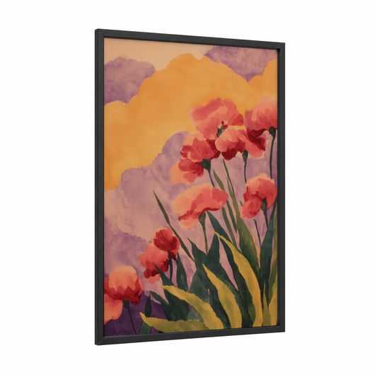 Crimson Poppies Dawn framed lavender field print — black wood frame — gold and red palette