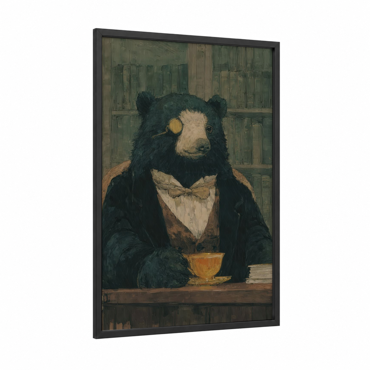Scholarly Sloth Bear framed art print — black wood frame — dark green and brown palette