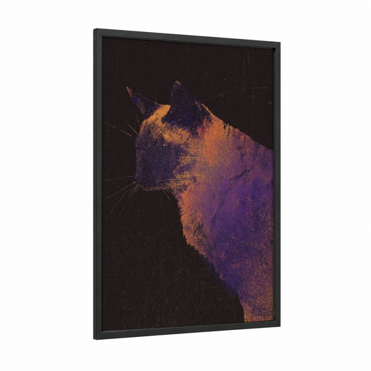Golden Feline framed cat print — black wood frame — gold and purple palette