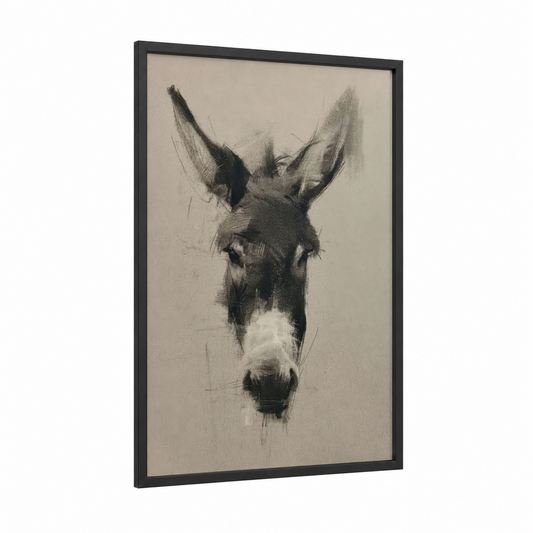 Charcoal Donkey framed art print — black wood frame — black and white and gray palette