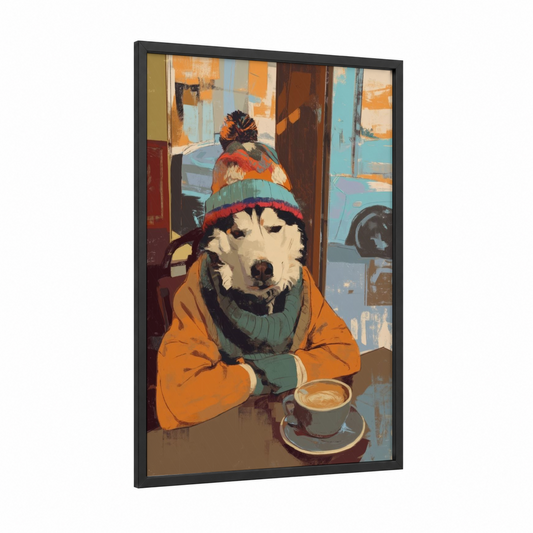 Cozy Husky framed art print — black wood frame — orange and teal palette