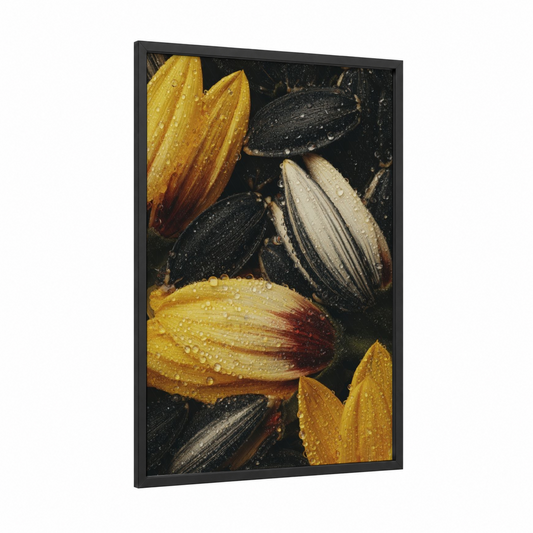 Dew-Kissed Sunflowers framed art print — black wood frame — gold and black palette
