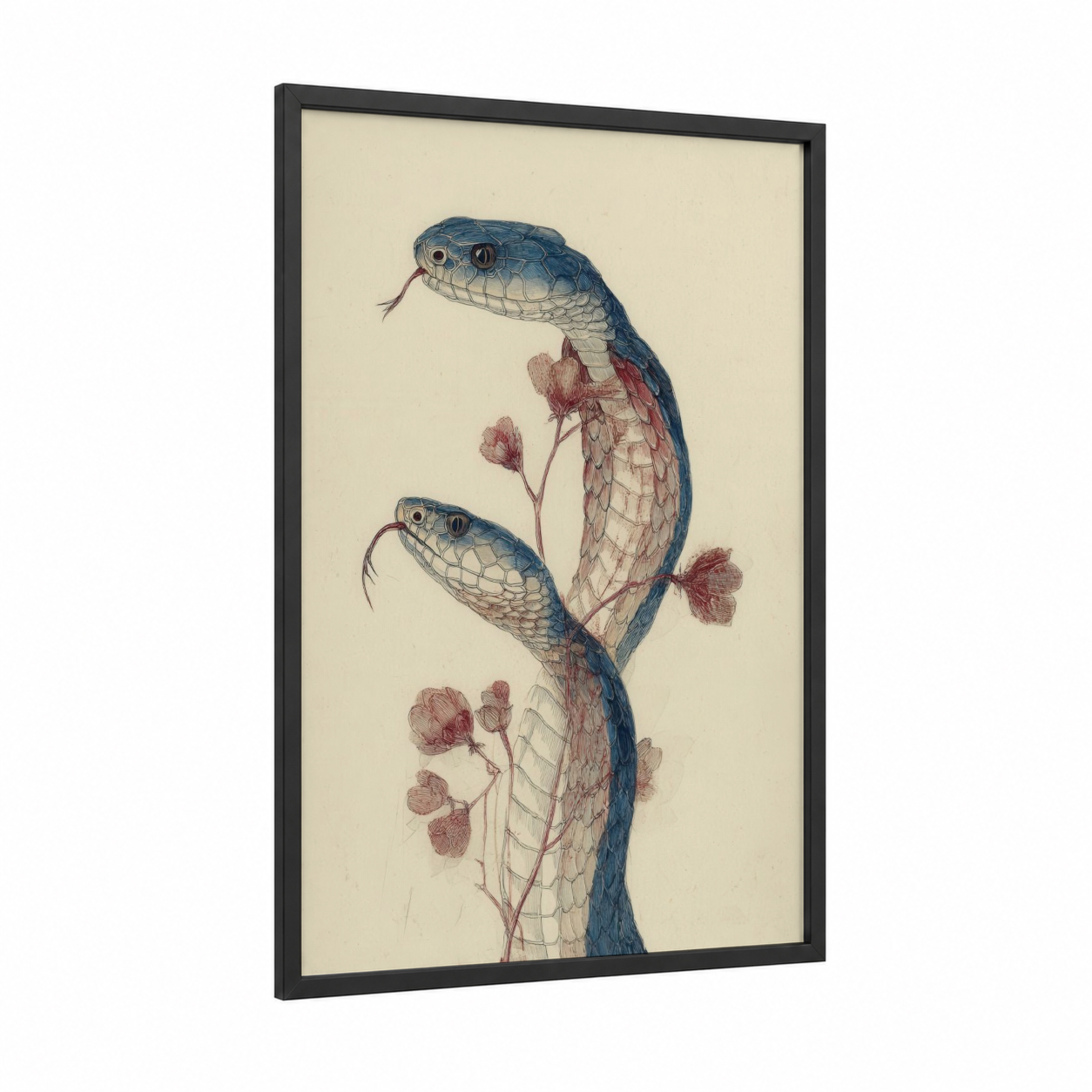 Intertwined Cobras framed art print — black wood frame — dark blue and beige palette