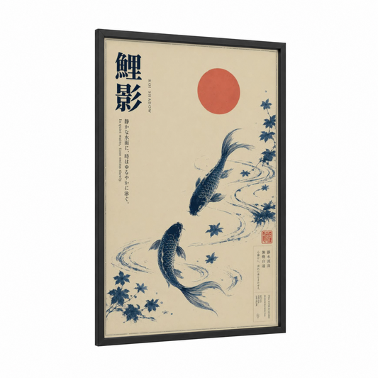 Japanese Koi Fish Zen Wall Art framed art print — black wood frame — beige and blue palette