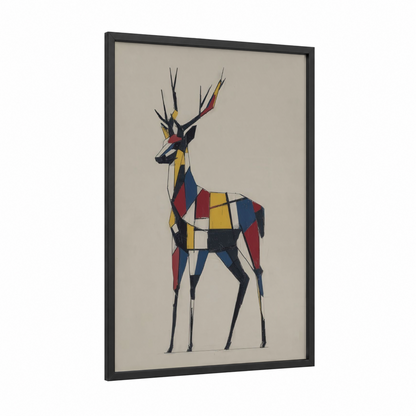 Geometric Reindeer framed art print — black wood frame — red and blue palette