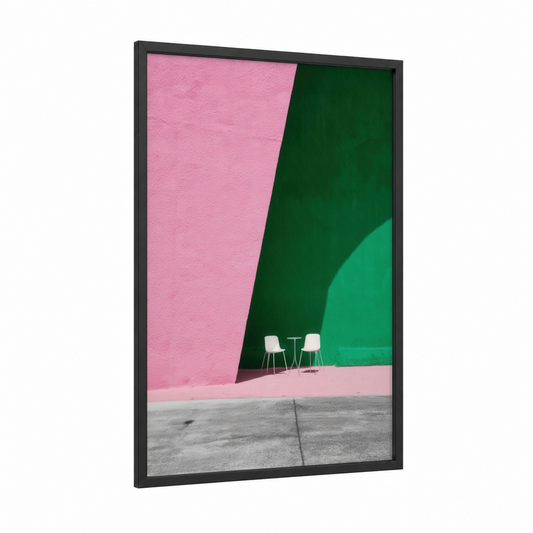 Pink Modern Dialogue framed abstract architecture print — black wood frame — pink and true green palette