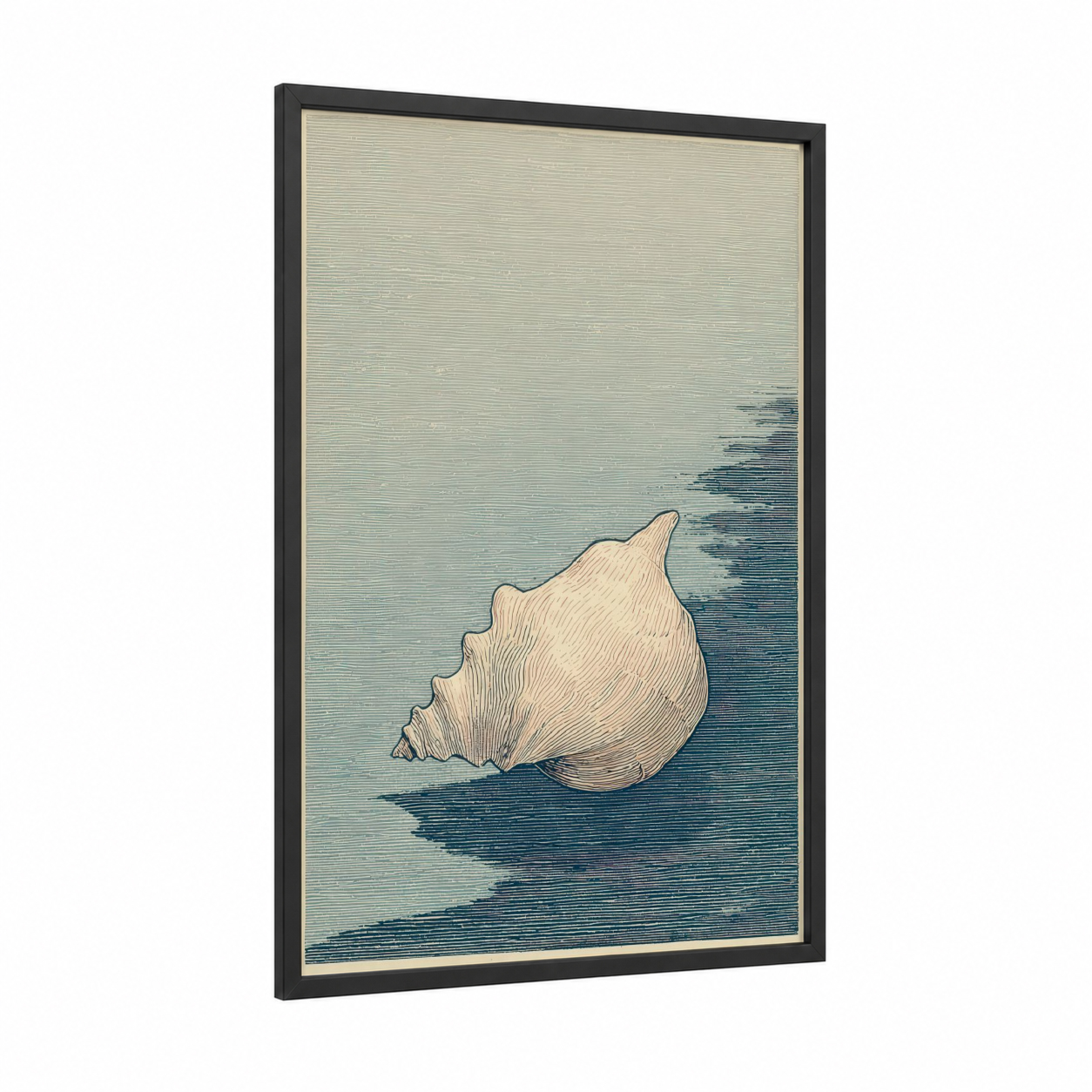 Coastal Seashell framed art print — black wood frame — cream and blue palette