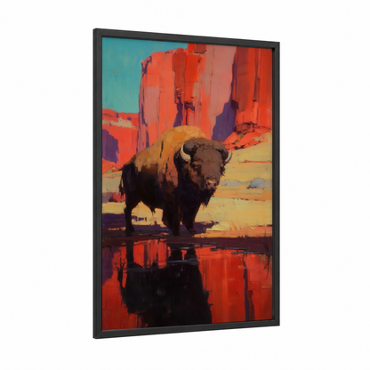 Desert Bison framed art print — black wood frame — red and turquoise palette