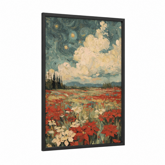 Crimson Poinsettia Field framed poinsettias print — black wood frame — red and cream palette