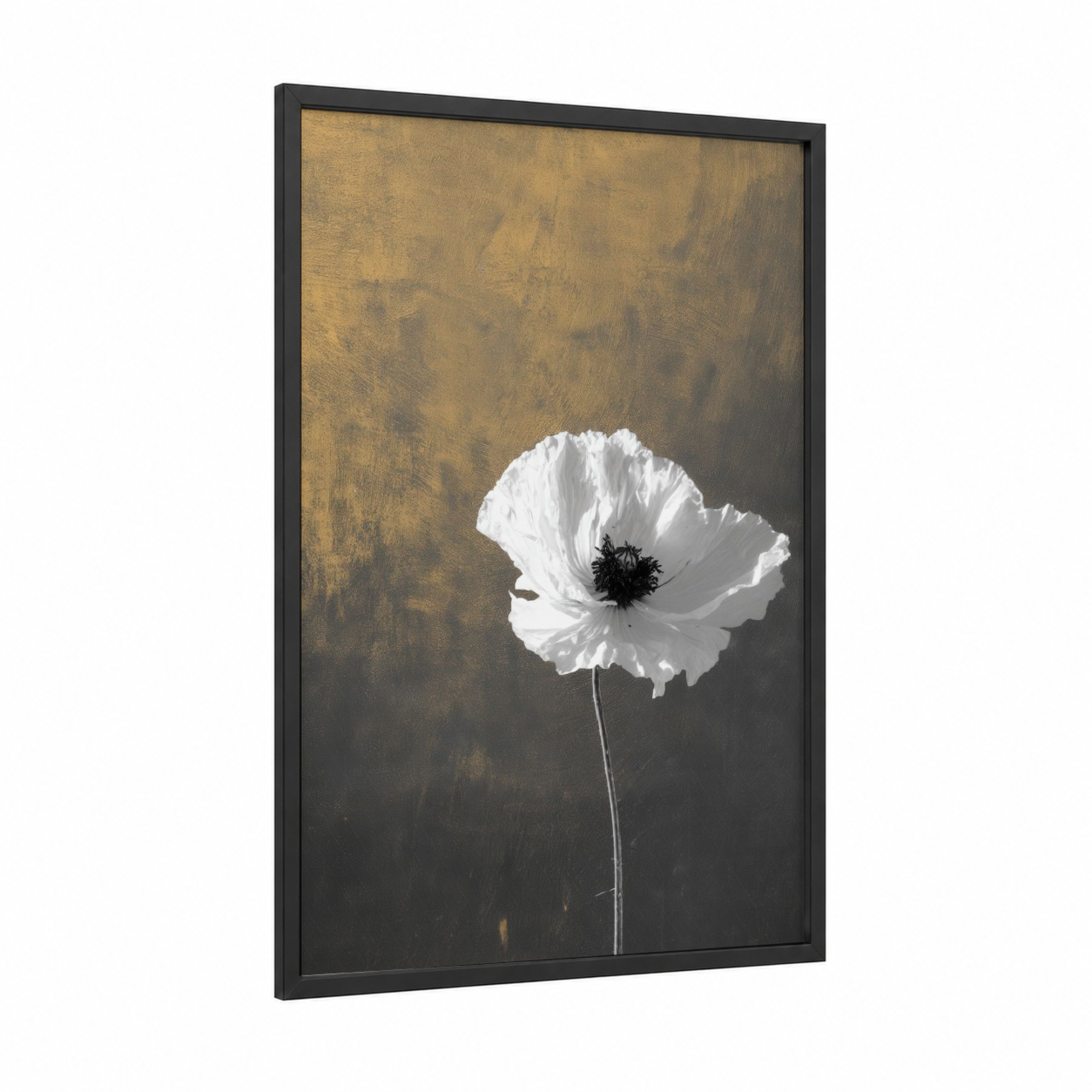 Ethereal White Poppy framed abstract flower print — black wood frame — white and gold palette