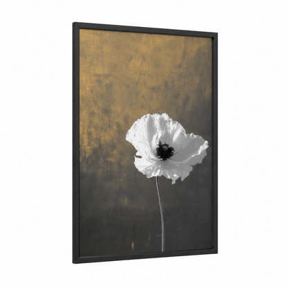 Ethereal White Poppy framed abstract flower print — black wood frame — white and gold palette