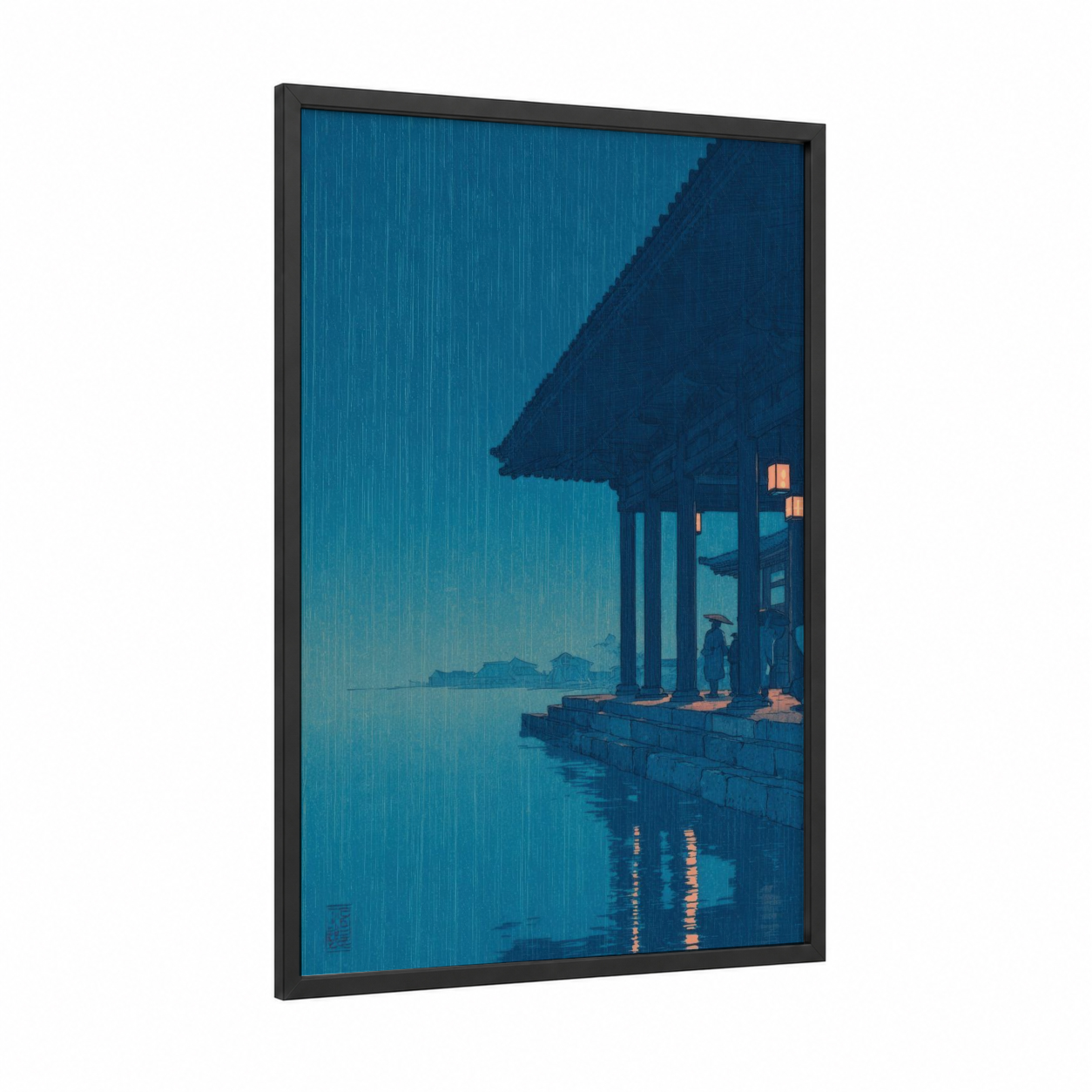 Rainy Pavilion framed columns print — black wood frame — dark blue and gold palette