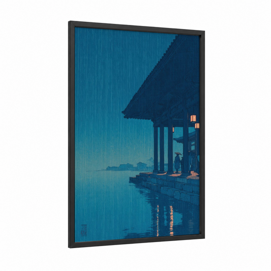 Rainy Pavilion framed columns print — black wood frame — dark blue and gold palette