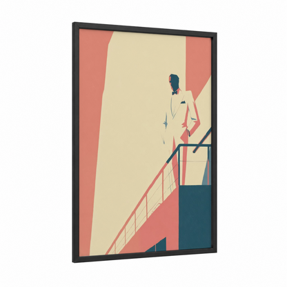 Dapper Gentleman framed men's fashion print — black wood frame — peach and dark blue palette