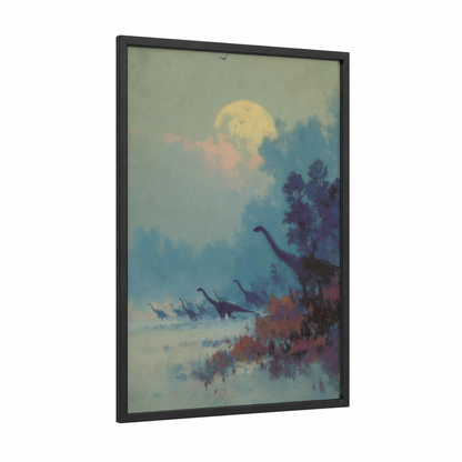 Moonlit Dinosaurs framed art print — black wood frame — blue and gold palette